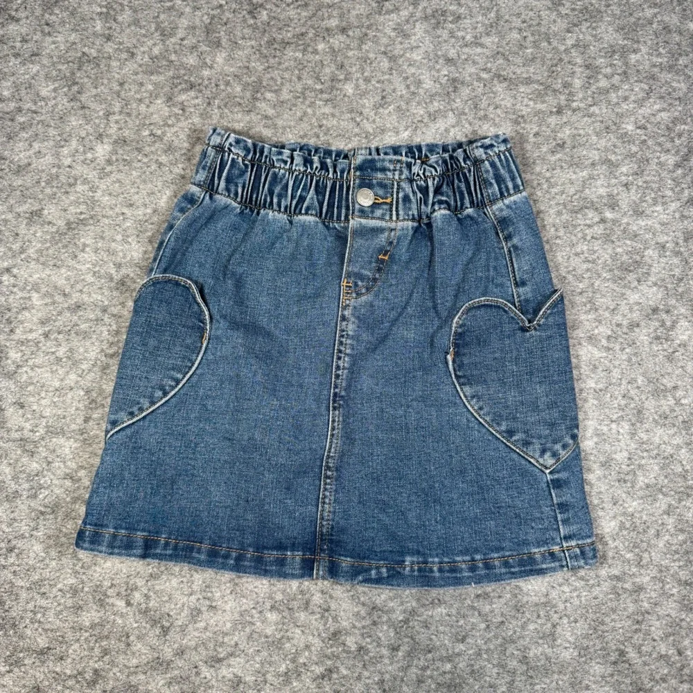 Lands End Girls Blue Denim Heart Pocket Skirt Size L 10-12 Elastic Waist Stretch
